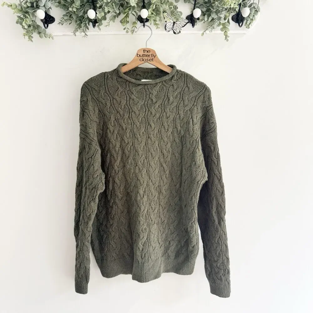 J. Crew Green Cable Knit Rolled Neck Sweater XL K5579 holiday 2025